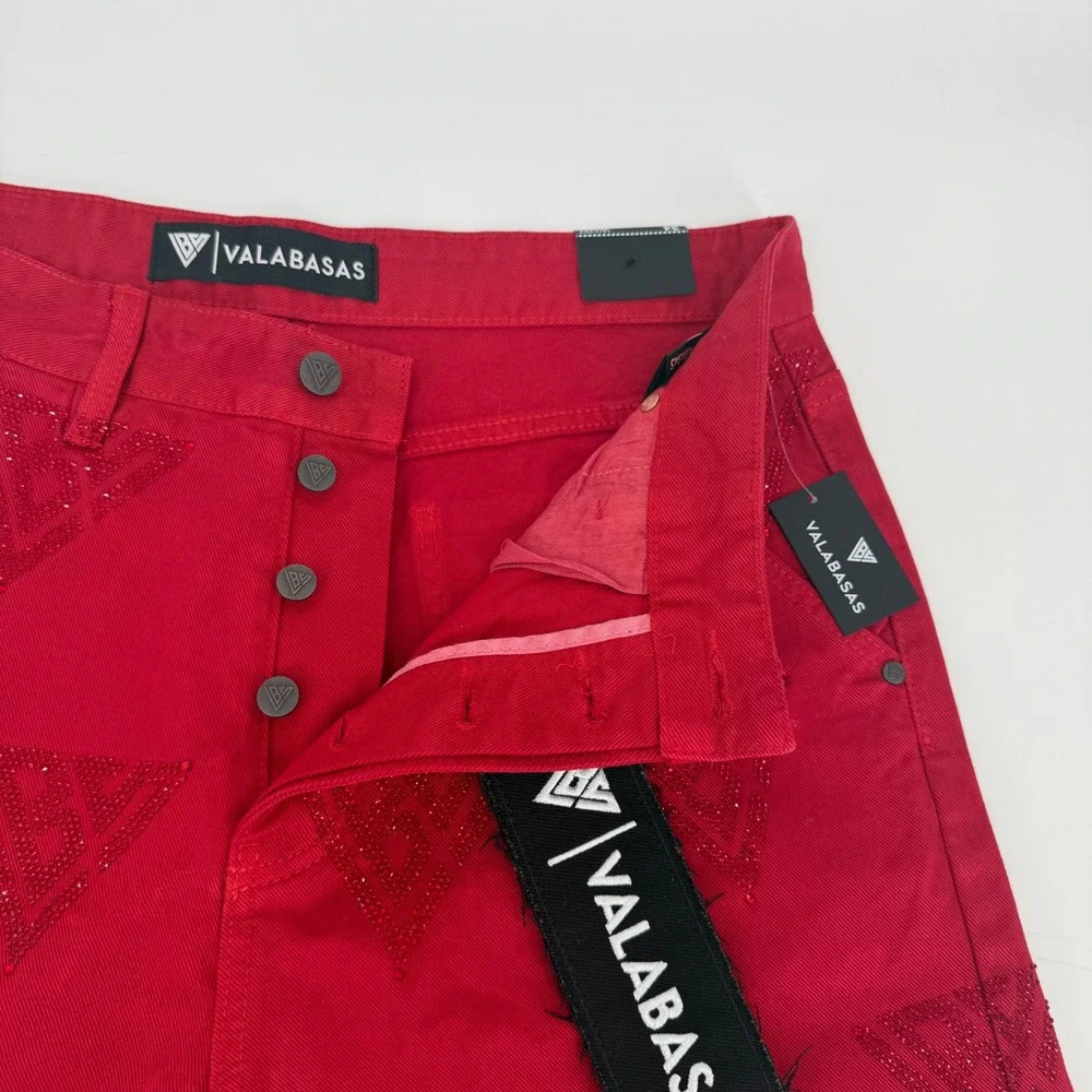 NWT Valabasas Palace Red Rhinestone Logo Denim Shorts Mens 34 Streetwear